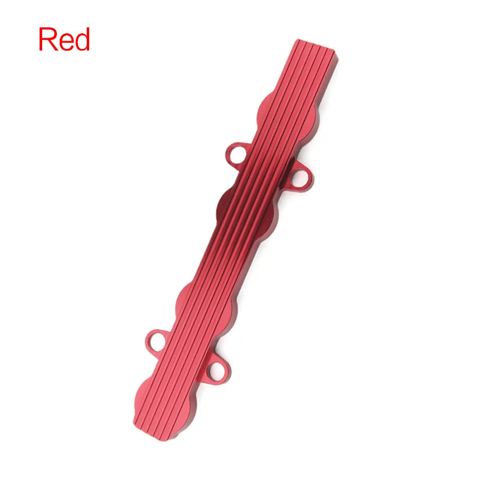 Aluminium alloy engine harness mounting bracket in blue, red, or silver finish, shown with and without pre-drilled holes.