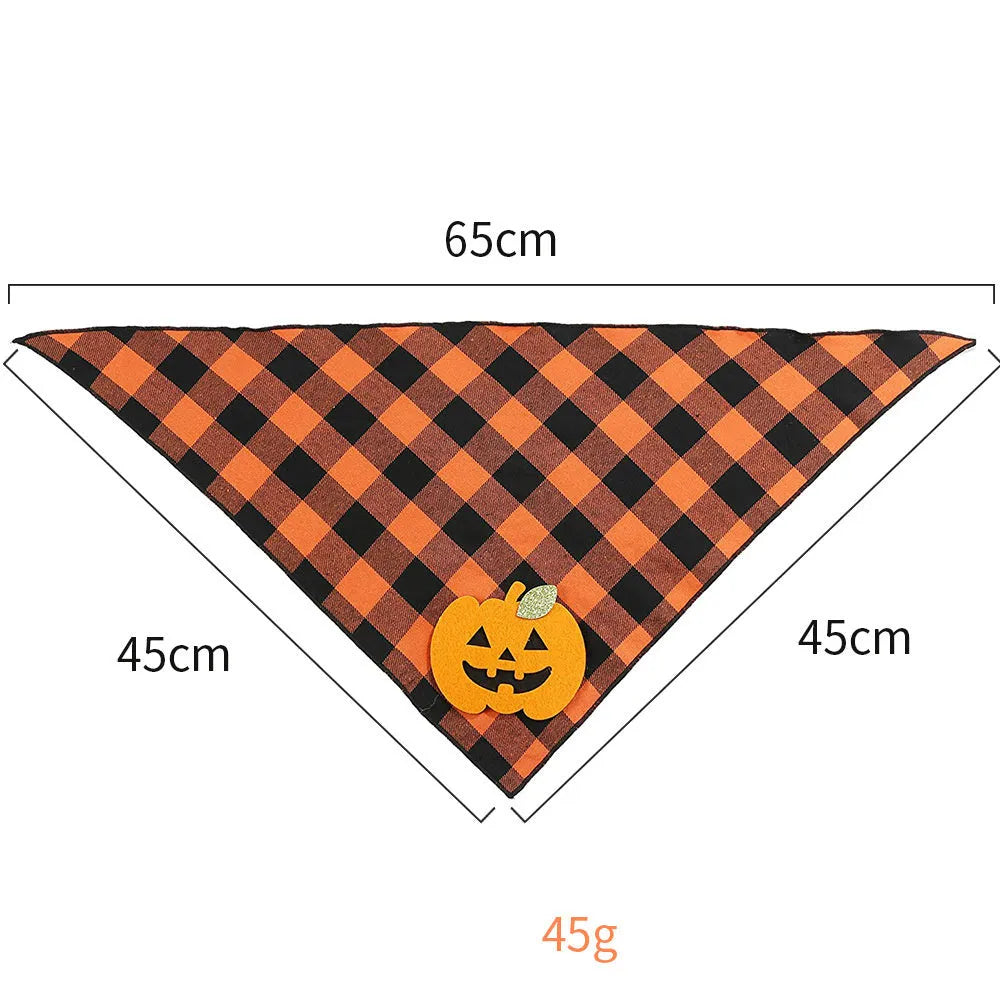 Orange plaid Halloween dog bandana with pumpkin and skeleton felt appliques