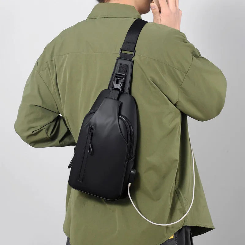 Black sling crossbody chest bag for men, simple city style, vertical square shape, zipper closure, soft surface, blue black grey