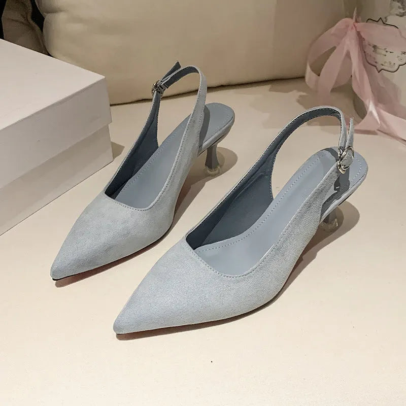 Suede pointed stiletto high heels in pink with a slim heel and microfiber lining