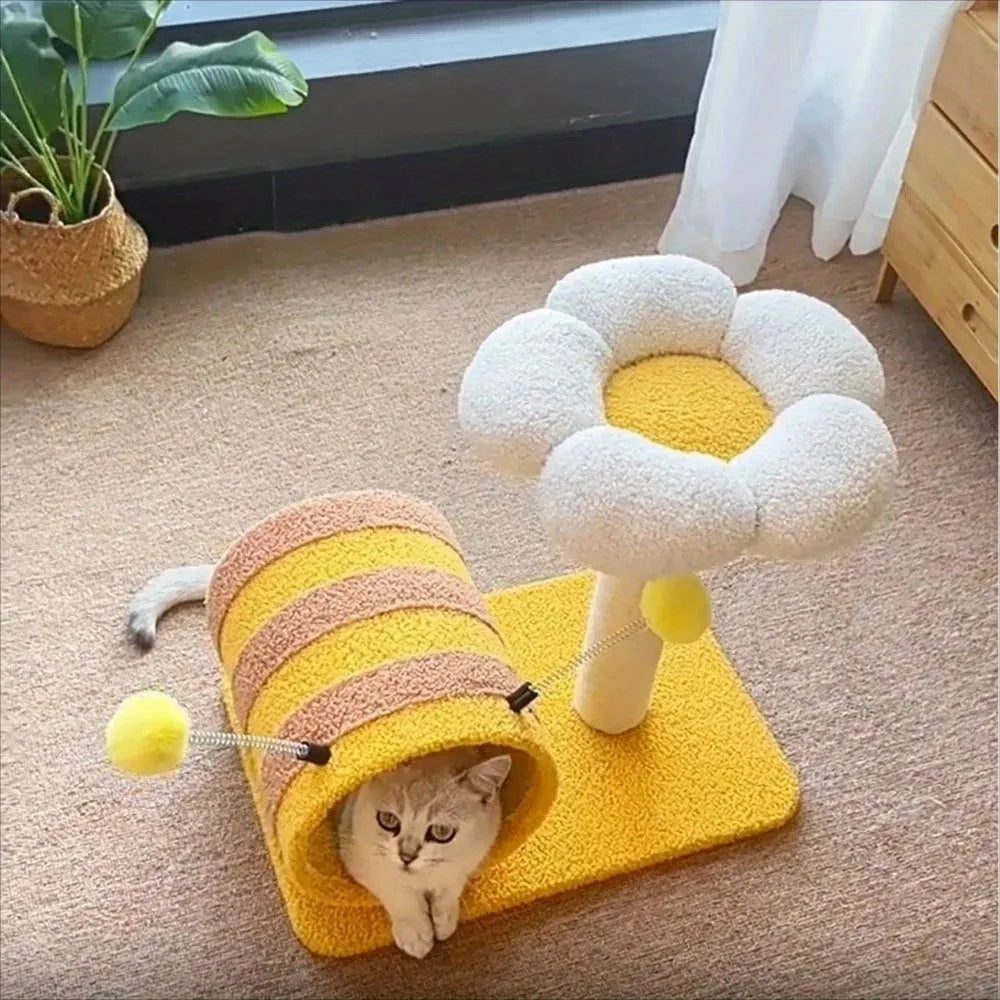 Yellow bee-themed cat climbing frame with sisal scratching post, tunnel, and platforms.