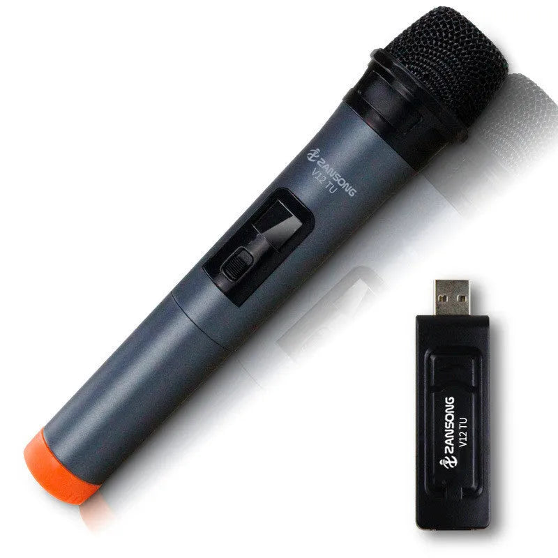 Black dynamic handheld microphone with USB receiver and audio cable for stage and home use