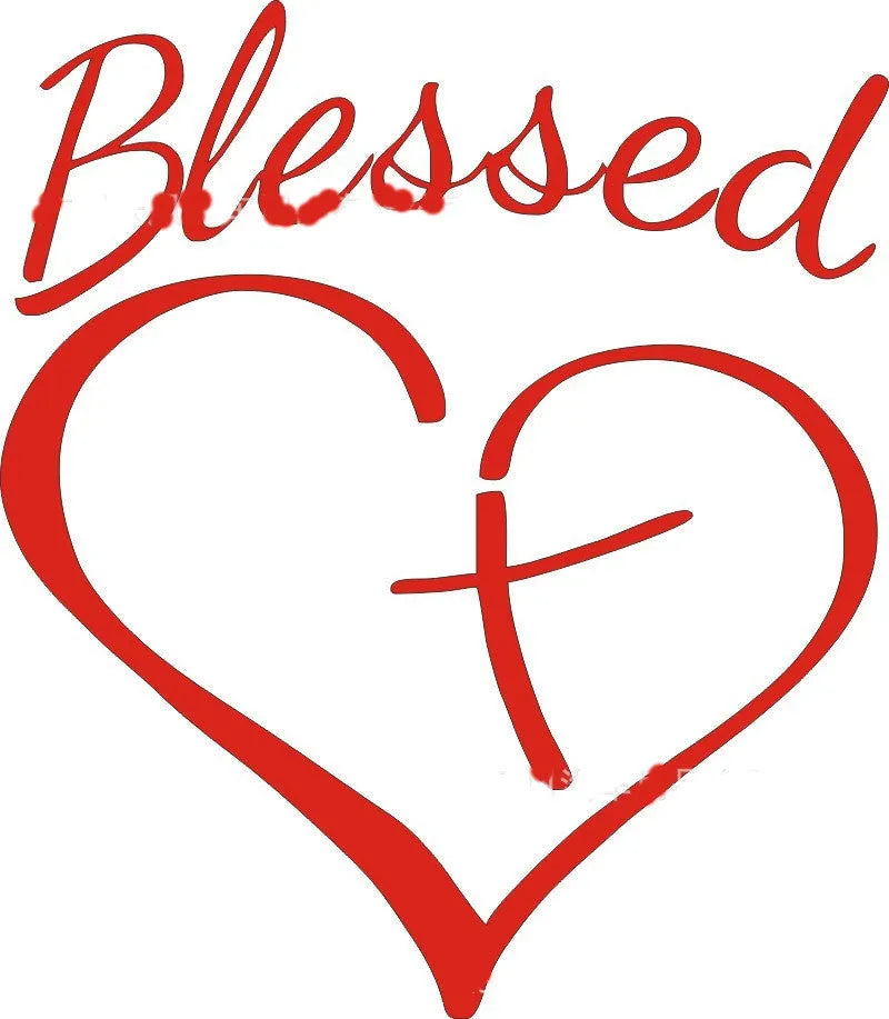 Faith Hope Love lettering inside a heart shape on a black, white, or red self-adhesive sticker measuring 14 by 11.5 centimetres.