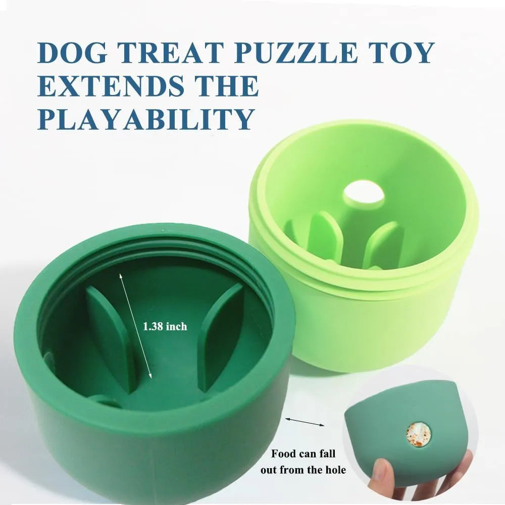 White and blue food-grade silicone dog treat puzzle ball measuring 8cm by 11cm