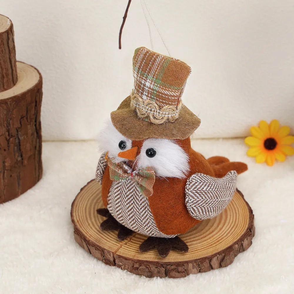 Green and orange cloth Thanksgiving pendant ornament featuring an owl and harvest bird design.