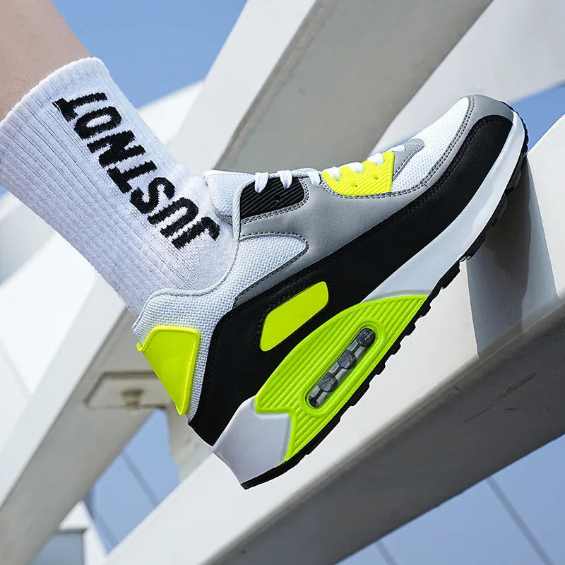Men's breathable sports sneakers with EVA upper and rubber sole in white black green colourway
