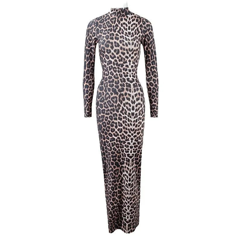 Fashion leopard print stand collar long sleeve long dress with high waist hip skirt in milk silk fabric