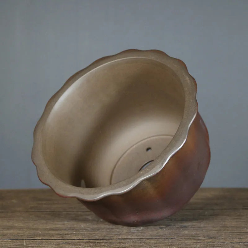 Antique carved ceramic flower pot in purple sand clay with wood burning finish for indoor bonsai