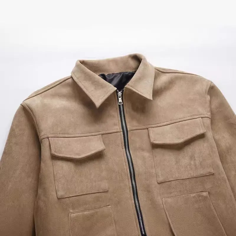 Thickened zipper big pocket jacket in slim fit, camel colour, with long sleeves and straight hem