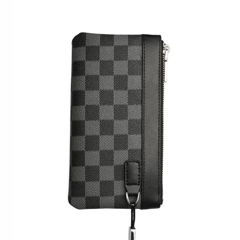 Men's black leather plaid clutch wallet showing 20×10cm dimensions and genuine cowhide construction