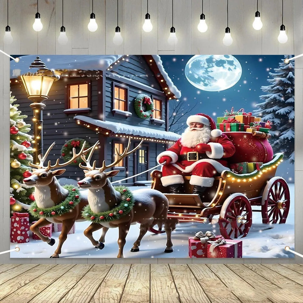 Santa Claus Christmas banner with gifts under night sky on polyester fabric 210x150cm
