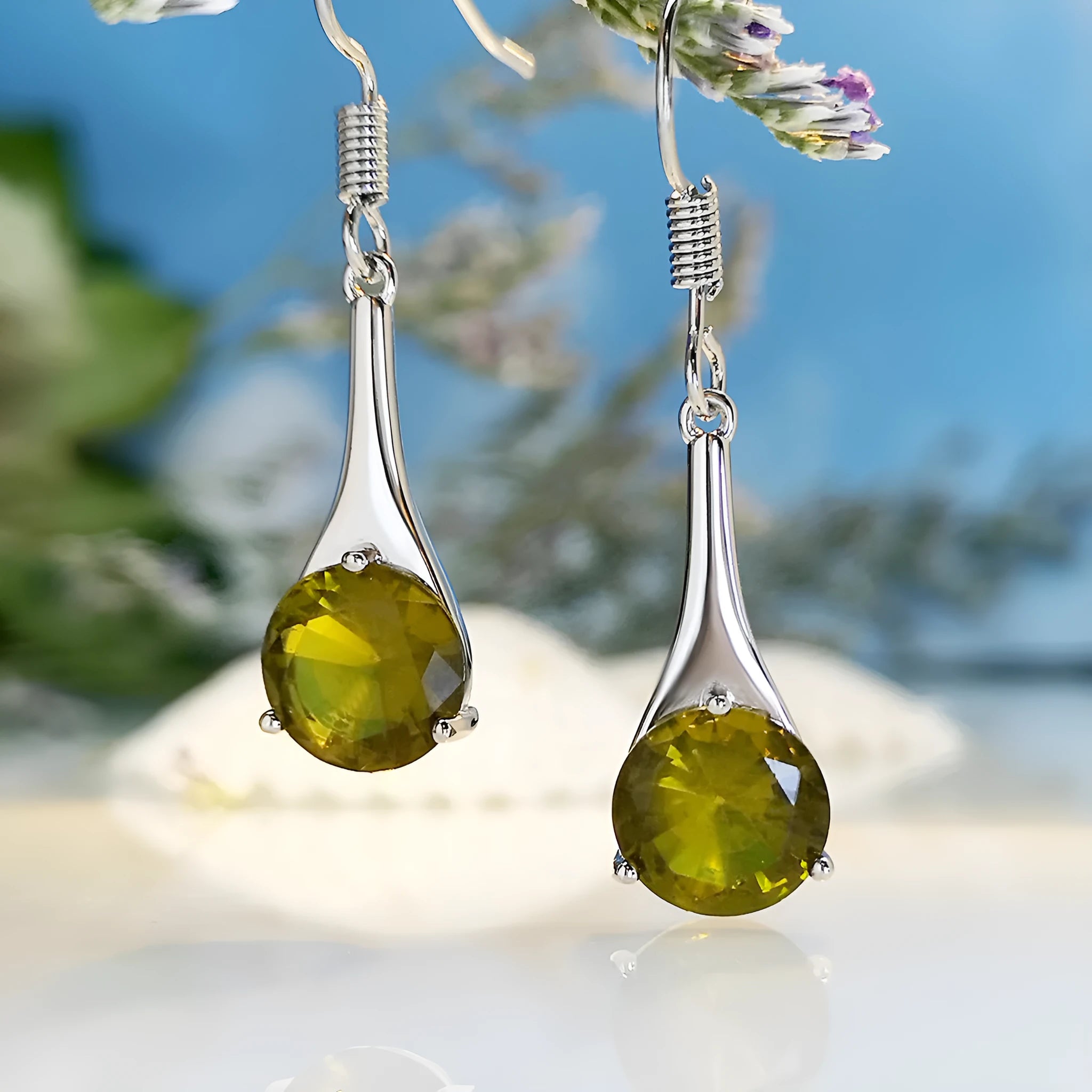 Olive green topaz drop earrings with water drop shape in retro electroplated alloy design