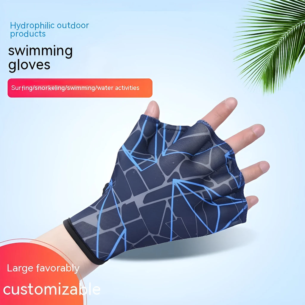 Nylon duck feet webbed swimming gloves in green print on a white background