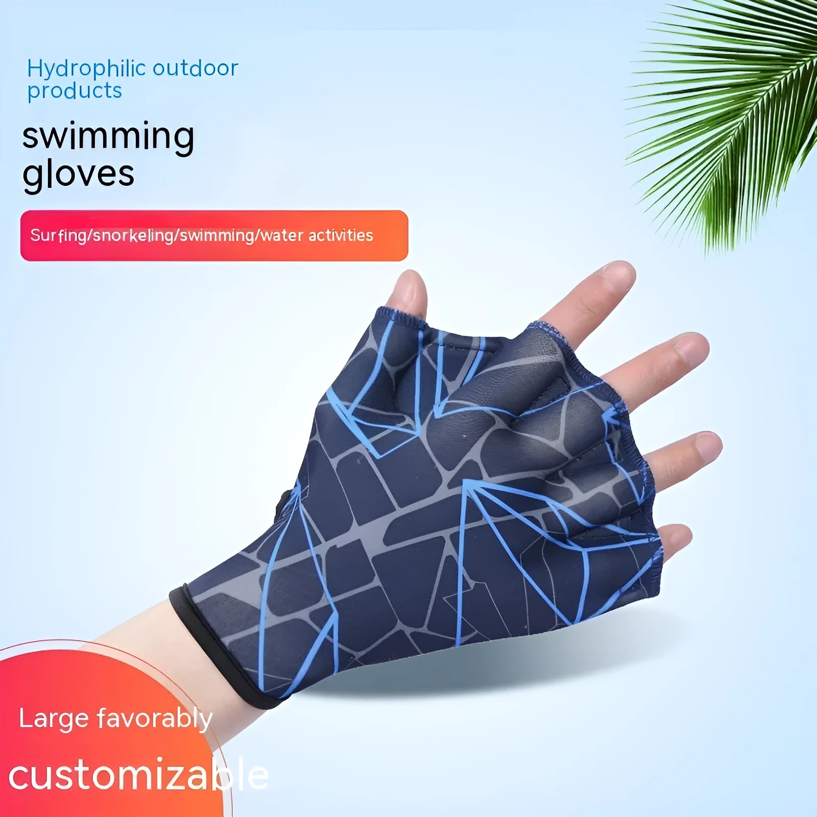 Nylon duck feet webbed swimming gloves in green print on a white background