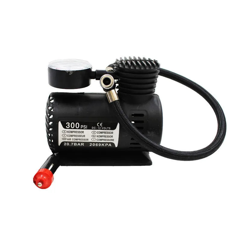 12V mini car tyre air pump, black plastic, 13.5 x 12 x 7 cm