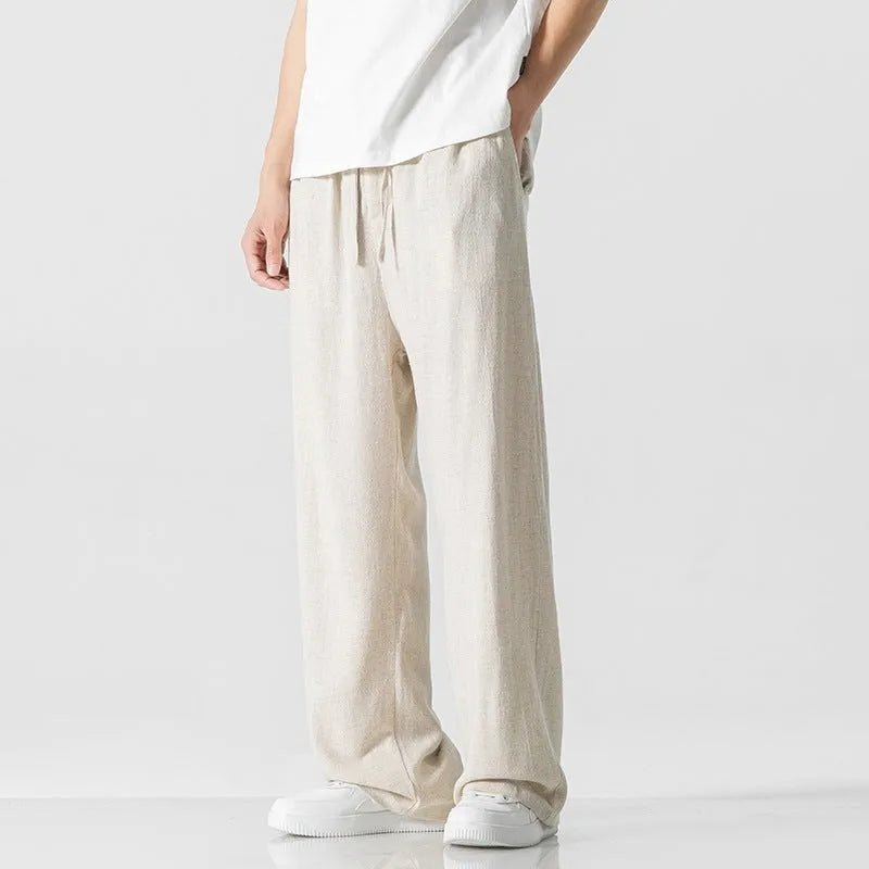 Men's bamboo fibre linen trousers with drawstring waist in straight-leg cut