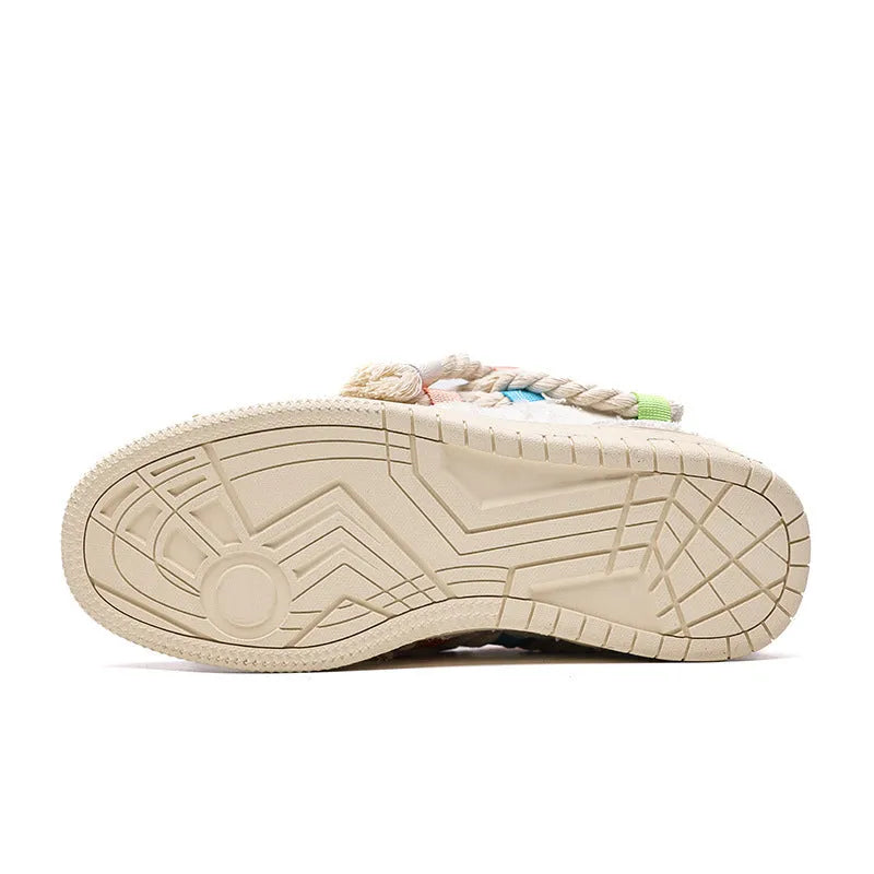 Creamy white retro skateboard trainers with old damage lace and round toe on rubber sole