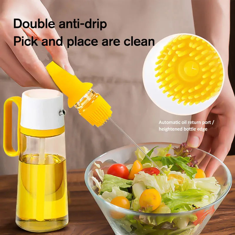 2-in-1 oil dispenser with silicone brush head and 304 stainless steel nozzle, 550ml glass bottle in yellow