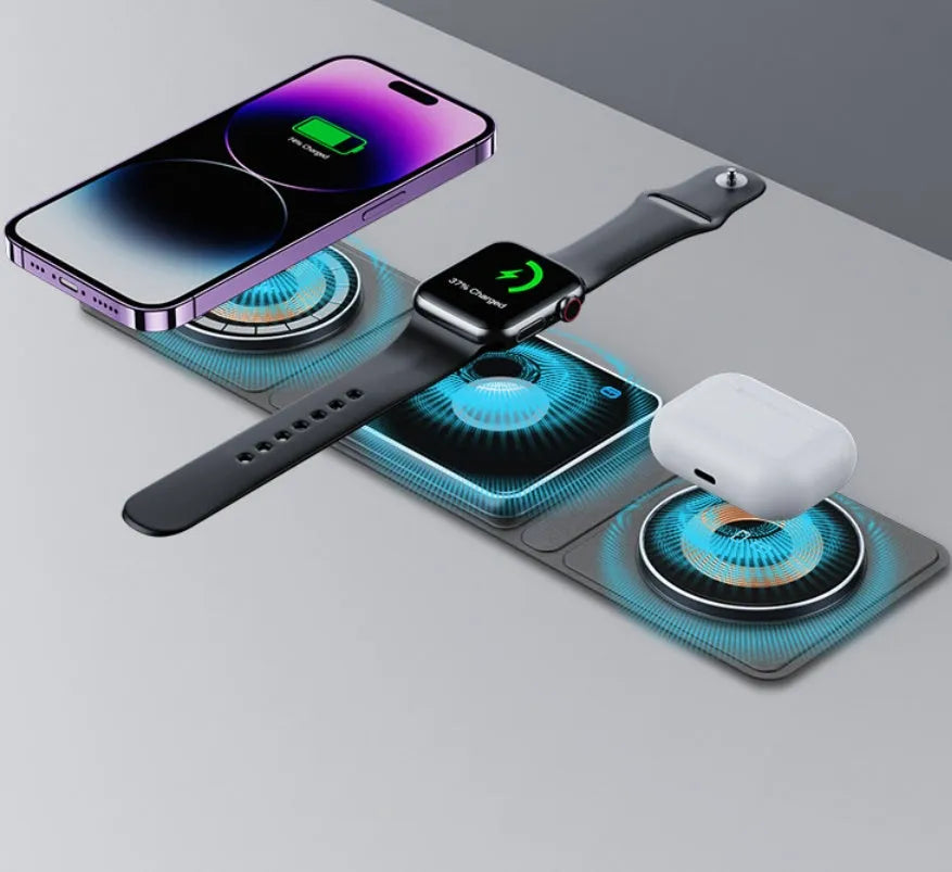 Black Magsafe transparent acrylic three-in-one wireless charger with Type-C port on a desk