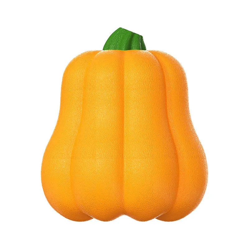 Pumpkin coloured molar-shaped plastic dog toy with a rope handle for outdoor fetch.