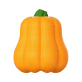 Pumpkin coloured molar-shaped plastic dog toy with a rope handle for outdoor fetch.