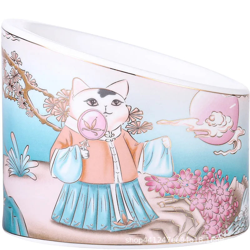Chinese style ceramic cat bowl with high leg double bowl oblique mouth in universal colour