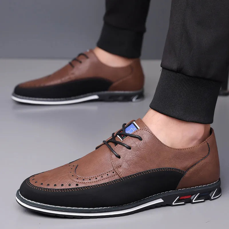 Men's black leather slip-on shoes with rubber sole and decorative sewing lines on fabric upper