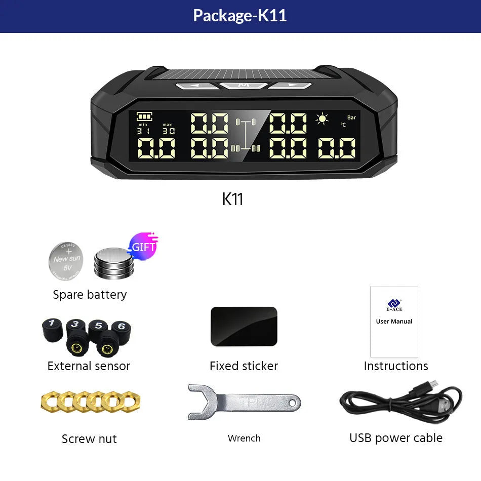 Solar external tire pressure monitor system with colour digital display for six-wheel RVs and trucks