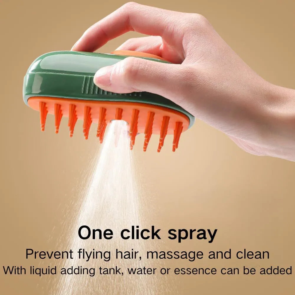 Green and white cat steam brush with water spray function and silicone massage teeth for pet grooming