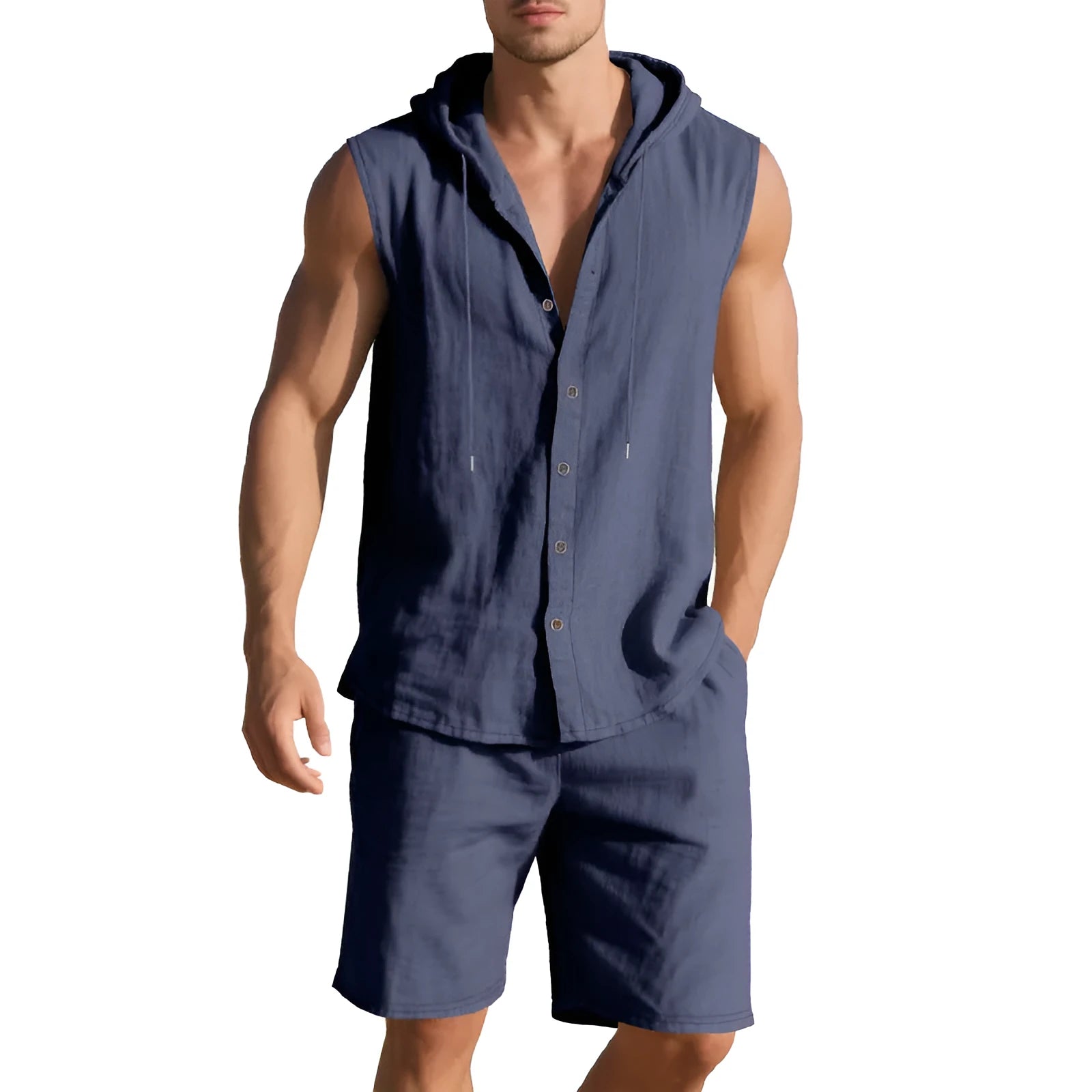 Linen sleeveless shirt shorts suit for men in army green, S-XXXL size range