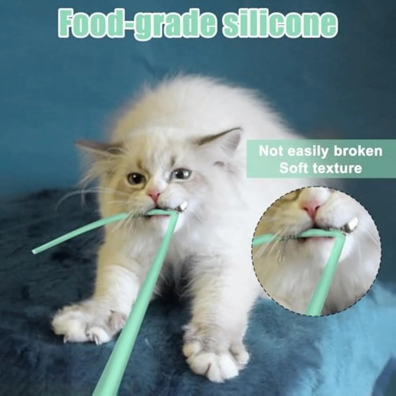 Green automatic electronic cat wand toy with a swinging silicone tail on a wooden floor.