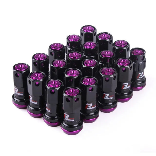 Set of aluminium alloy flat head wheel nuts in various colours including black, blue, gold, red, and purple.
