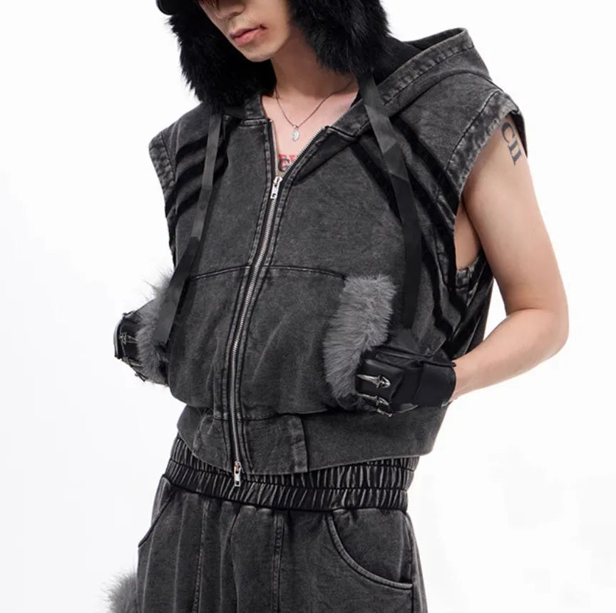 Stitching fur washed sleeveless hooded vest for teenagers in black and gray, front view with zipper