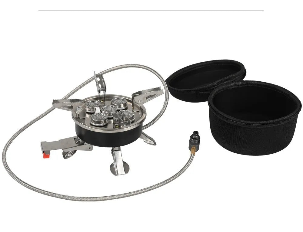Silver portable split camping stove with stainless steel construction and fuel hose