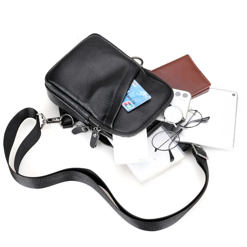 Men's genuine leather crossbody shoulder bag with breathable back in brown, diagonal pocket version