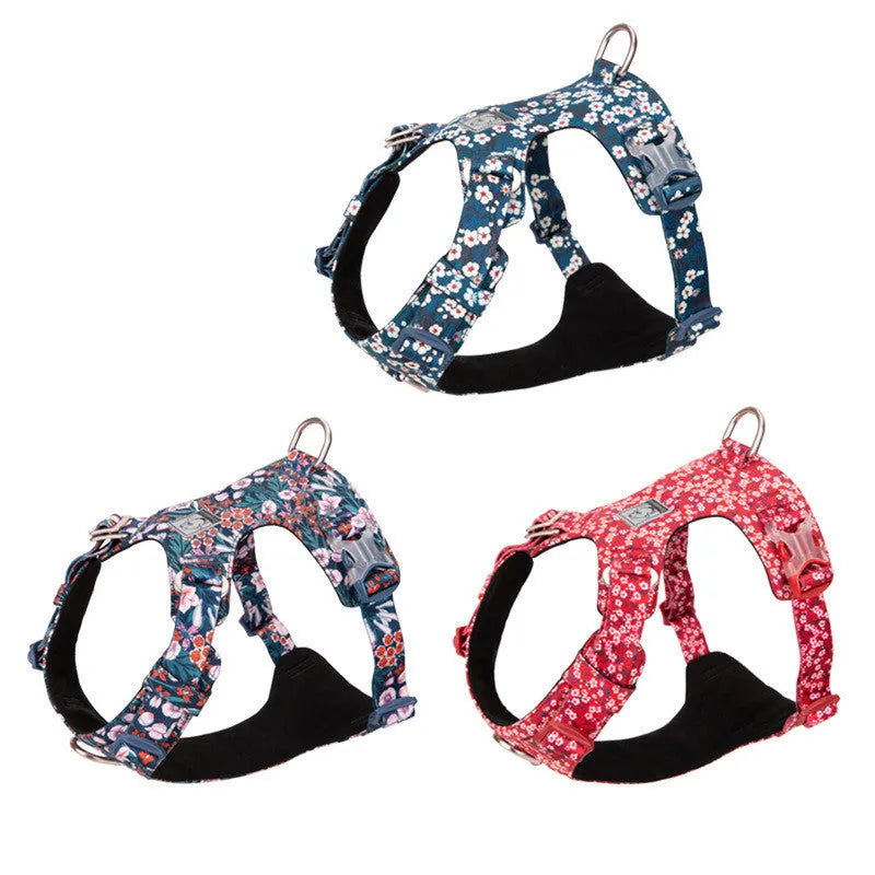 Pure cotton pet chest harness with floral pattern and pull-resistant strap for dog walking