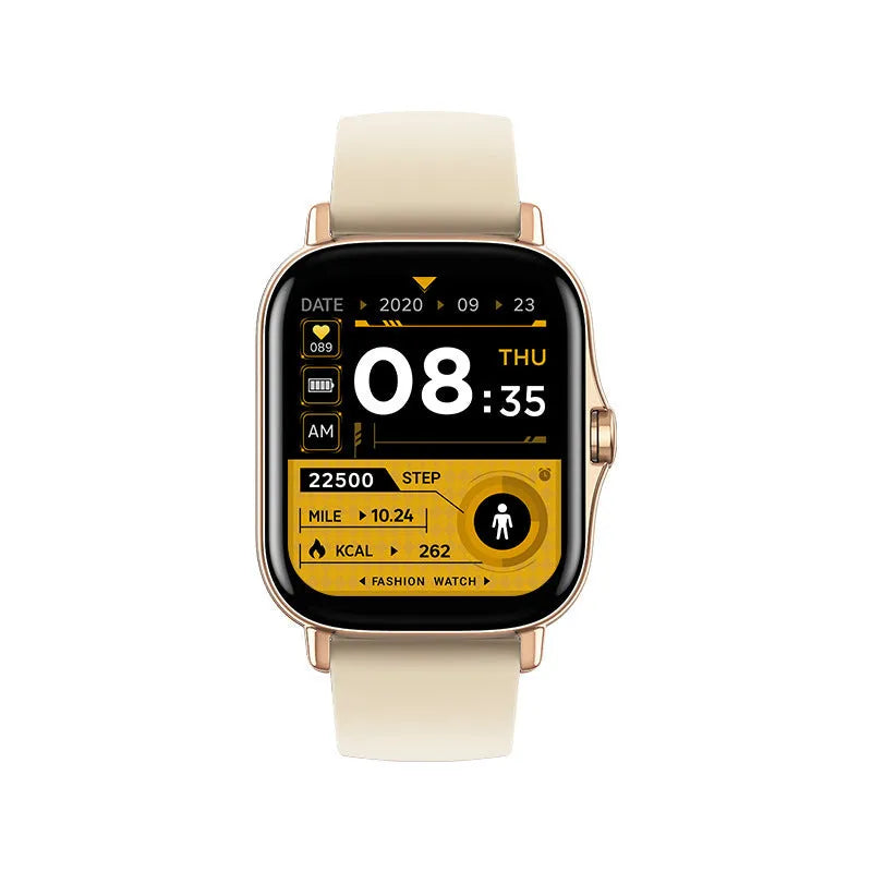 GT20 black alloy smartwatch with silicone strap on wrist, showing heart rate tracking on screen
