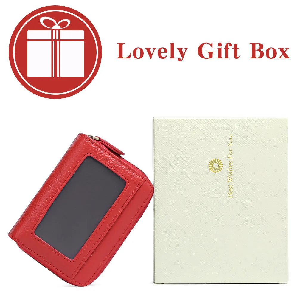 First cowhide double layer zipper expanding card holder anti-theft wallet in black with gift box
