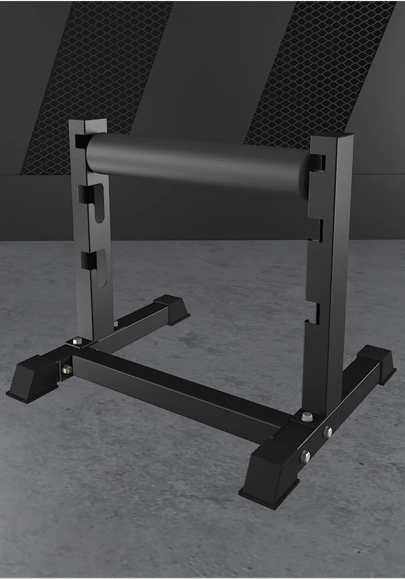 Black steel leg press trainer for split leg squat balance training, Type B, on floor