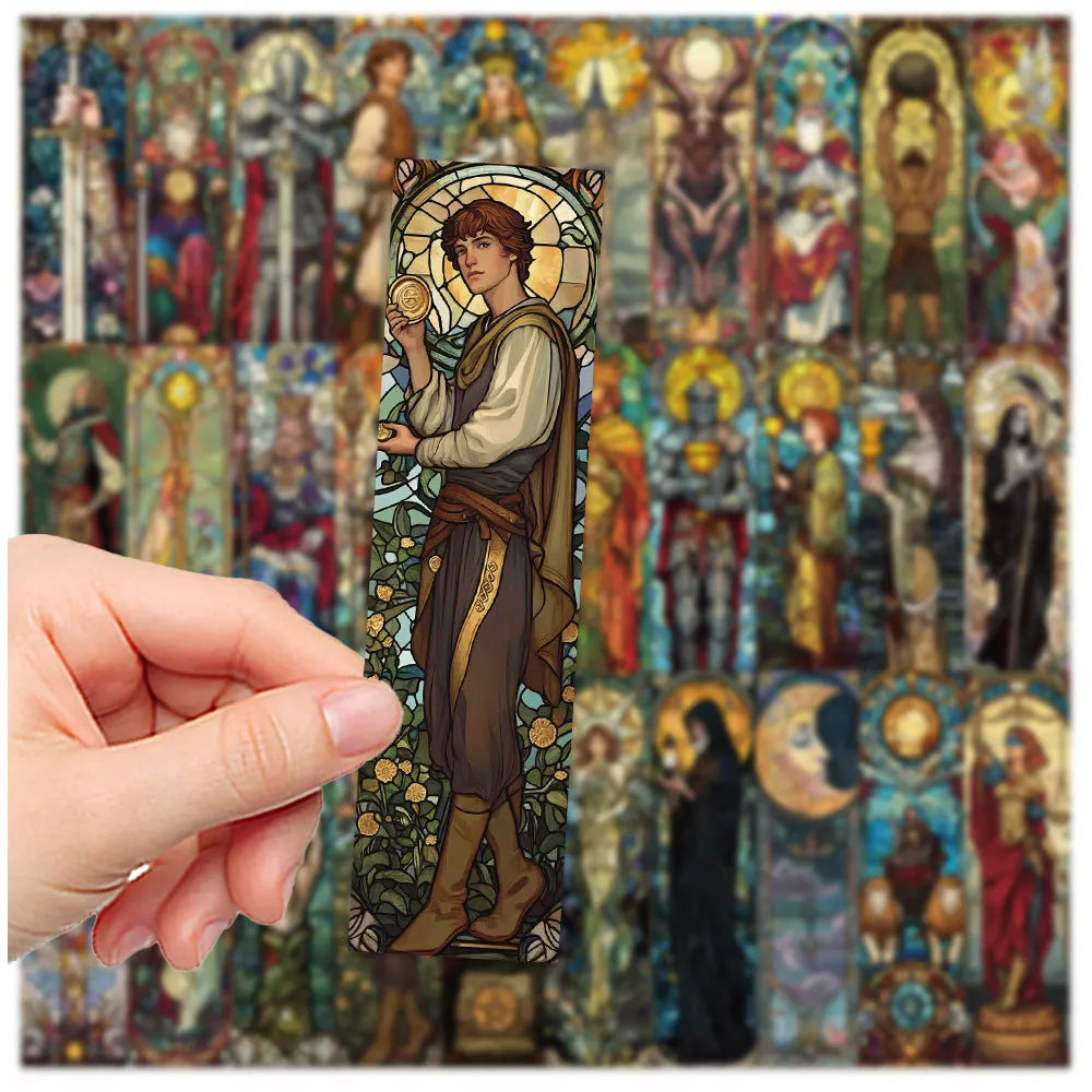30 tarot bookmarks with painted glass artwork in colourful designs on paper material