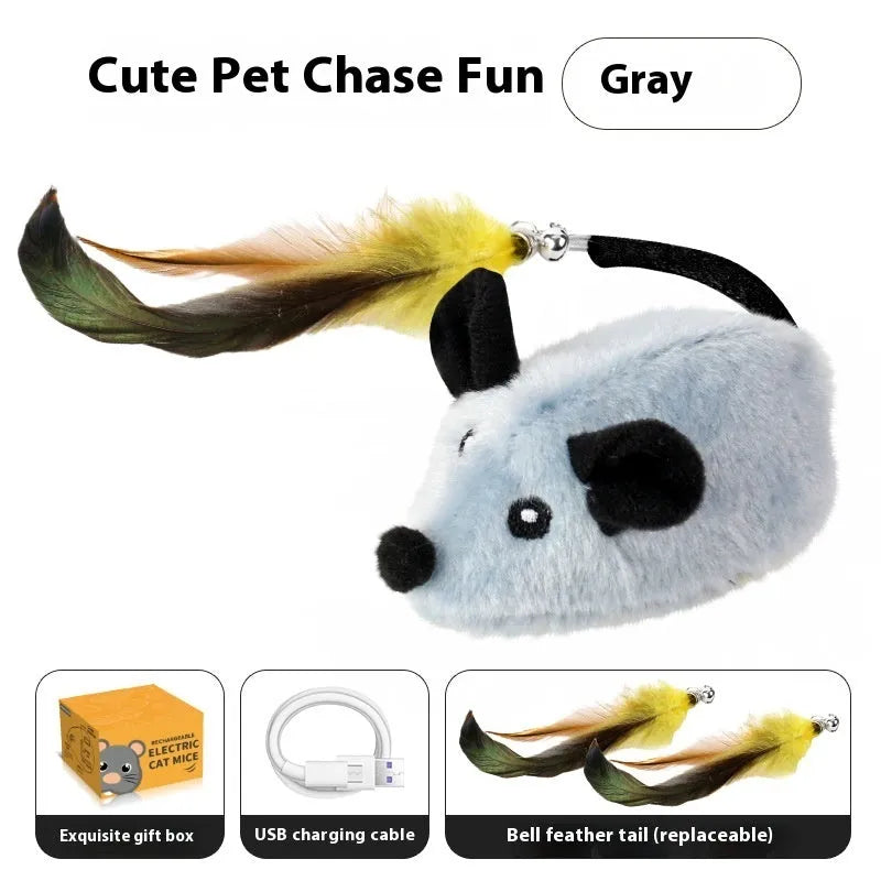 Intelligent charging simulation electric mouse cat teaser toy in gray with double tail decoration