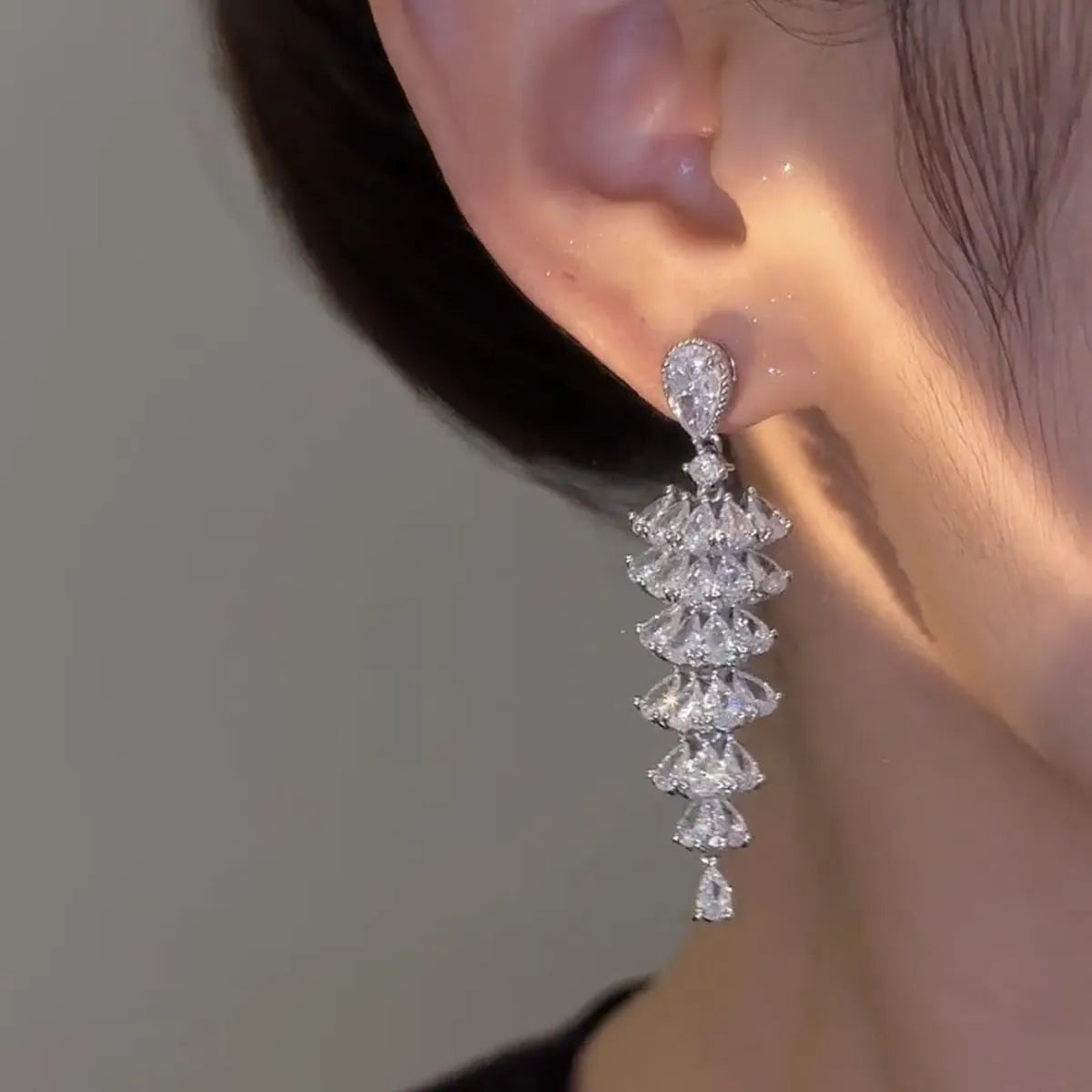 Silver pagoda Christmas tree drop earrings with zircon stones and stud fittings