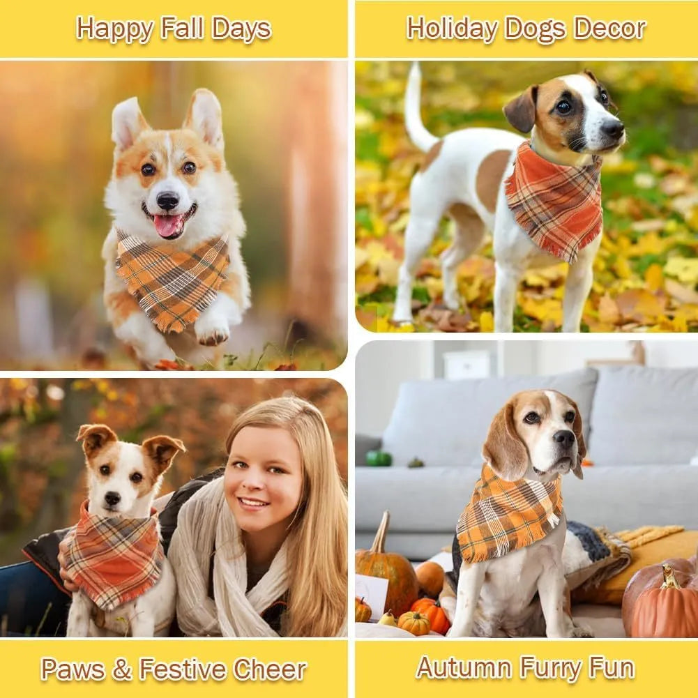 Vivifying fall dog bandana with plaid pattern, tassel edges, and double-layer cotton in autumn colours