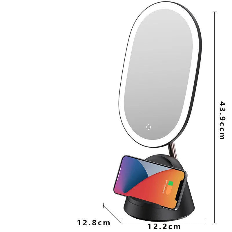 White multifunctional makeup mirror table lamp on desk, socket-powered, size 12.2x12.8x43.9 cm