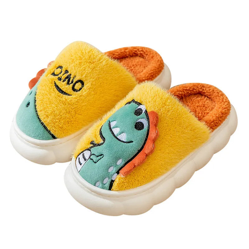Cotton plush indoor slippers with dinosaur print in three colours, extra thick padding, showing couple pair
