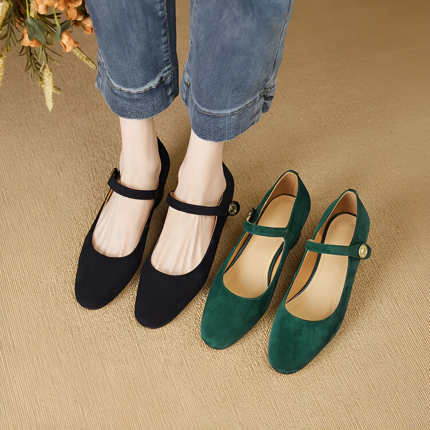 Women's Mary Jane chunky heel pumps in black suede with square toe and shallow mouth on a white background