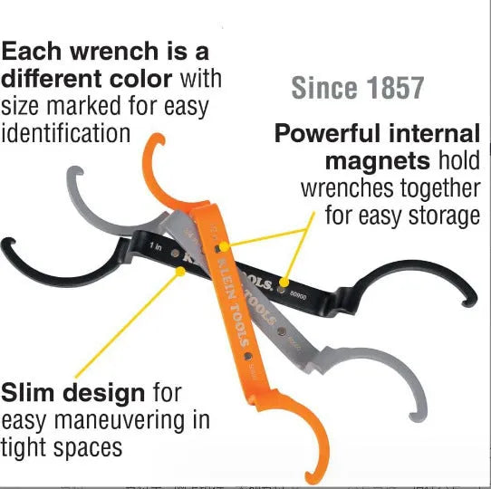 H251 three-piece wrench set showing orange crescent, grey magnetic and black catheter wrenches with size comparison