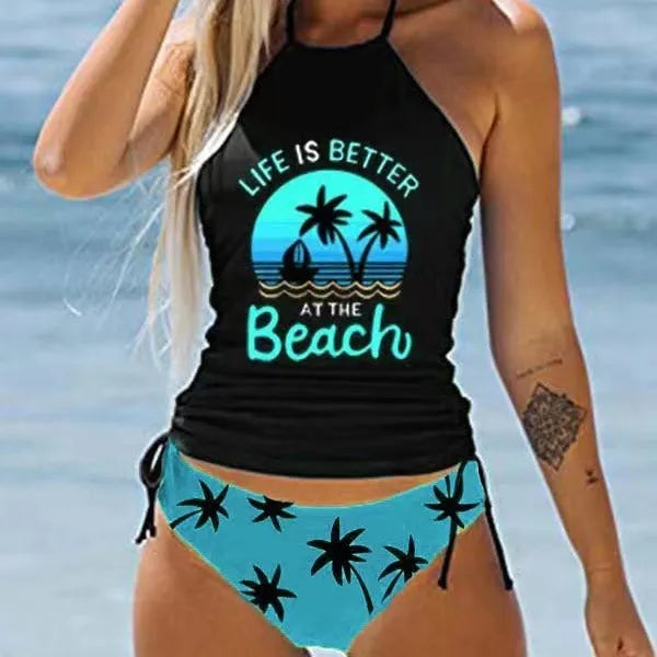 European American ladies conservative print colourful high elasticity polyester swimsuit with briefs style