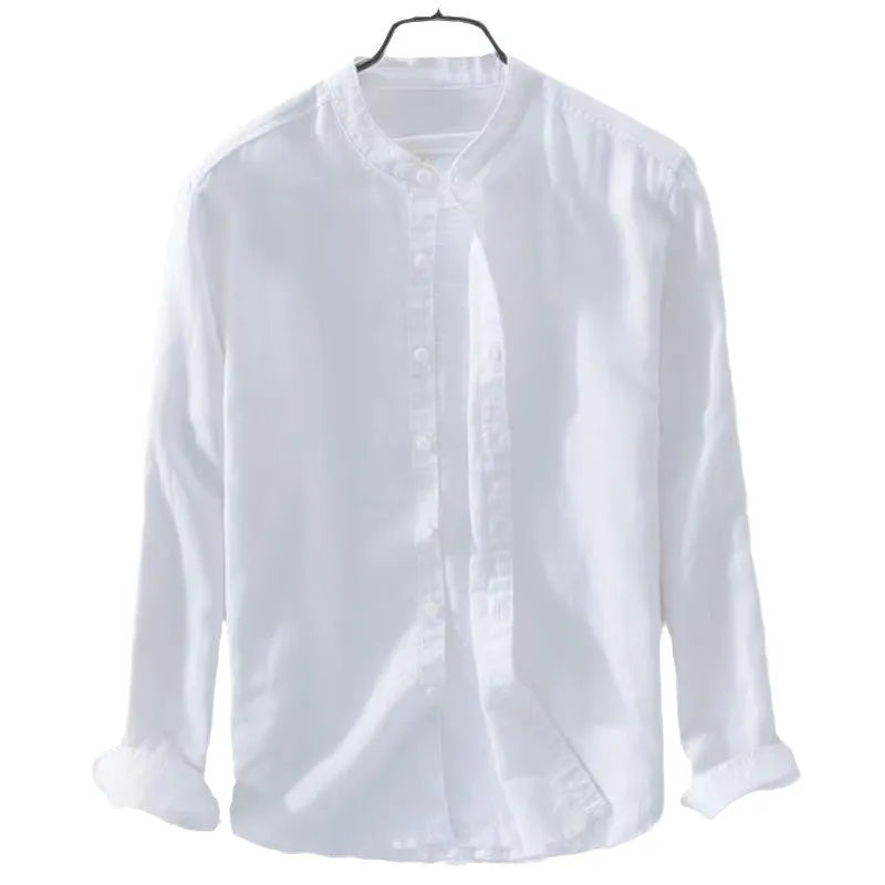 Man's loose-fit long sleeve casual shirt in linen-cotton blend, shown in dark blue colour.