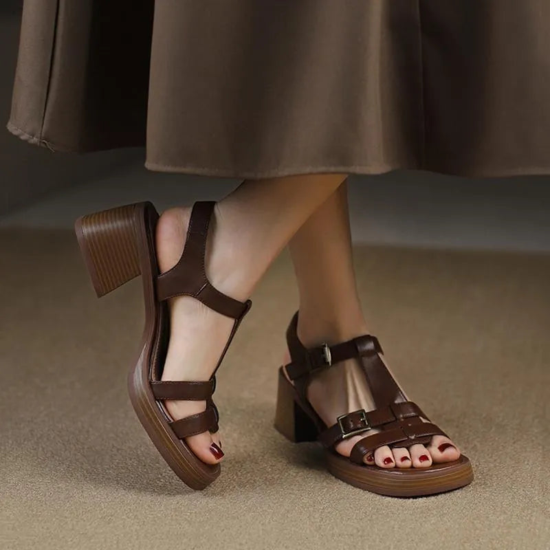 Women's black retro chunky heel sandals with T-buckle, open toe, square toe, and platform sole
